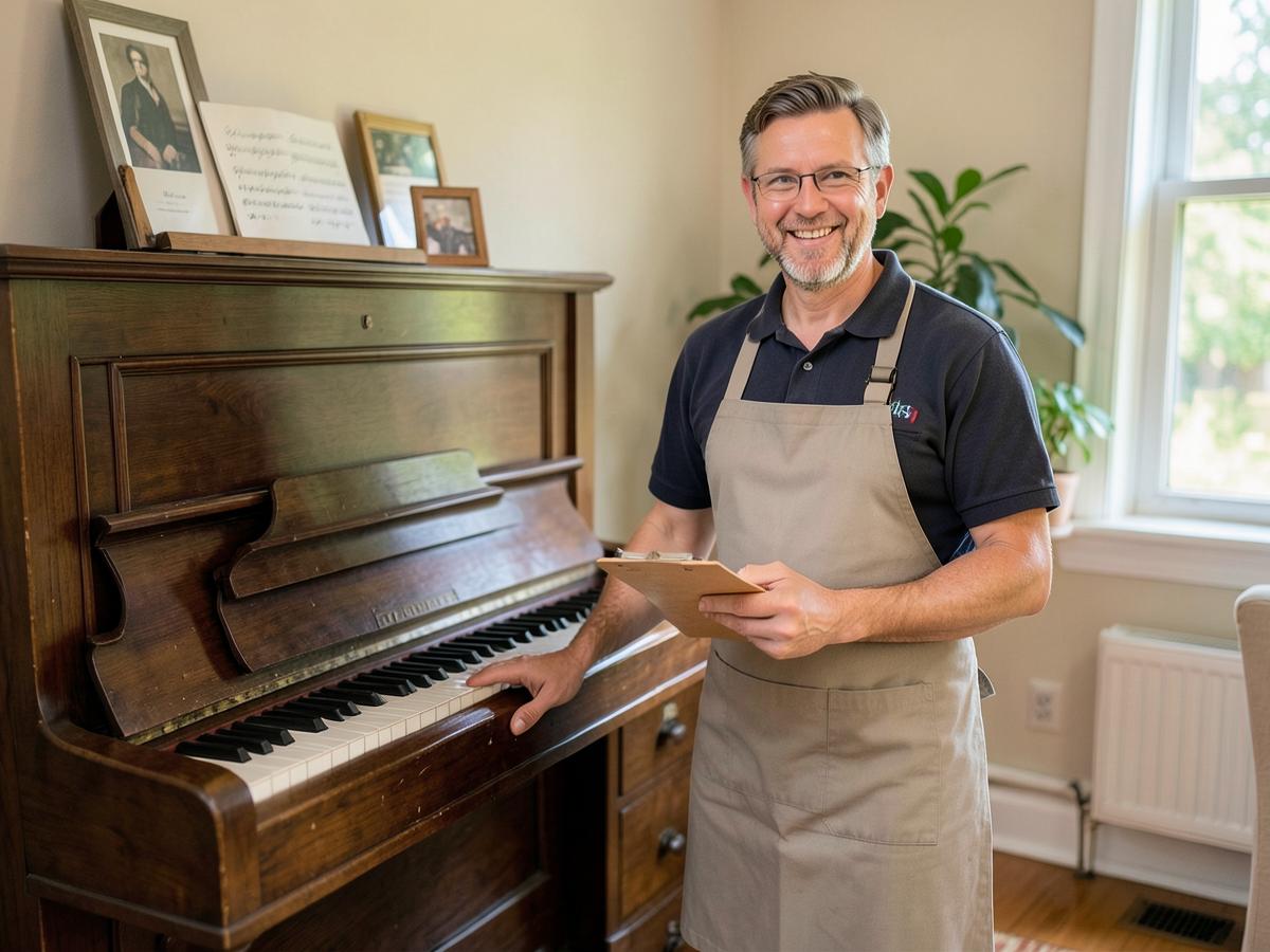 Gavinquero Co. piano technician inspecting an upright piano in a customer's home