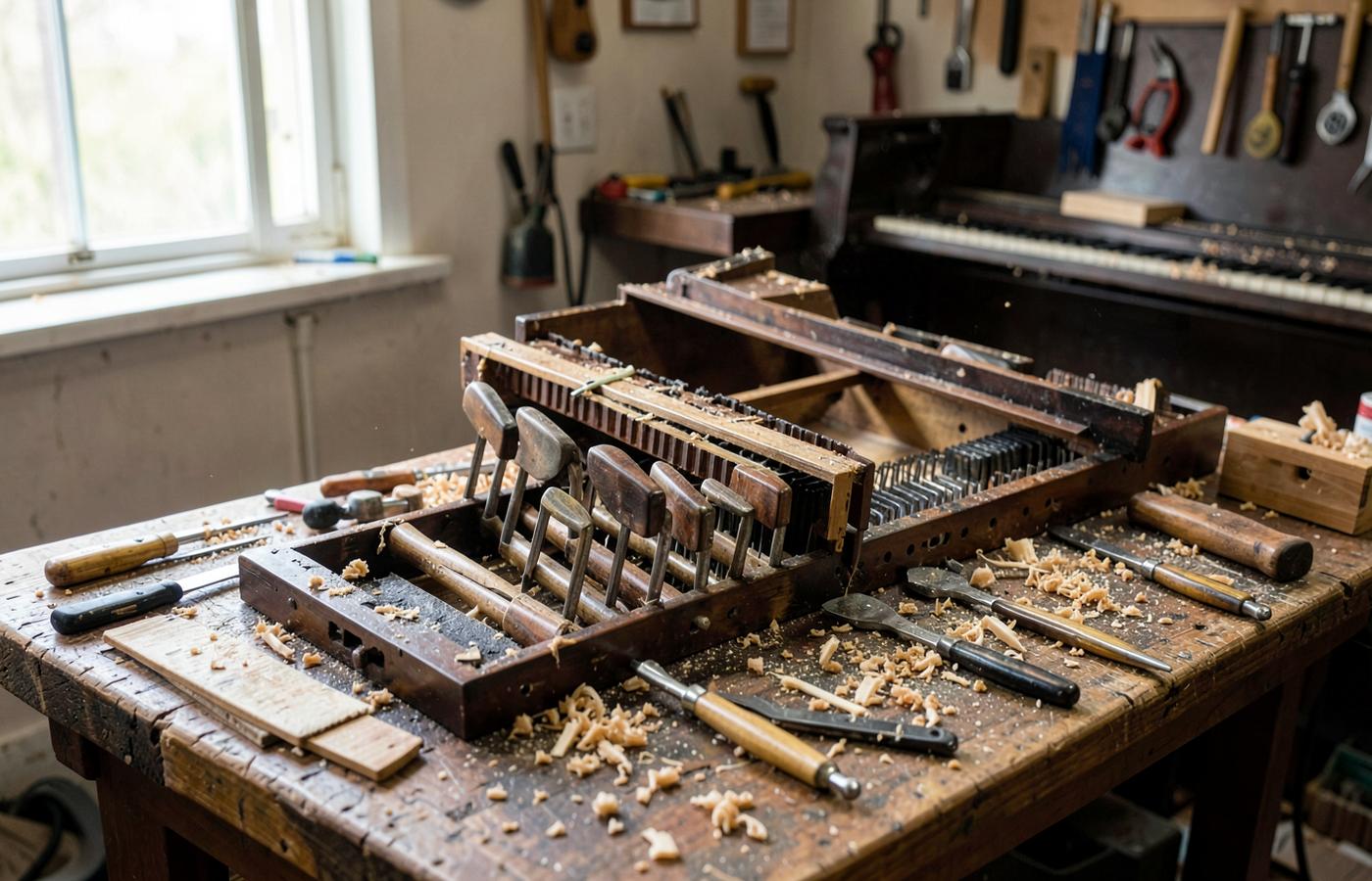 Gavinquero Co. piano restoration workbench in Arvada, Colorado